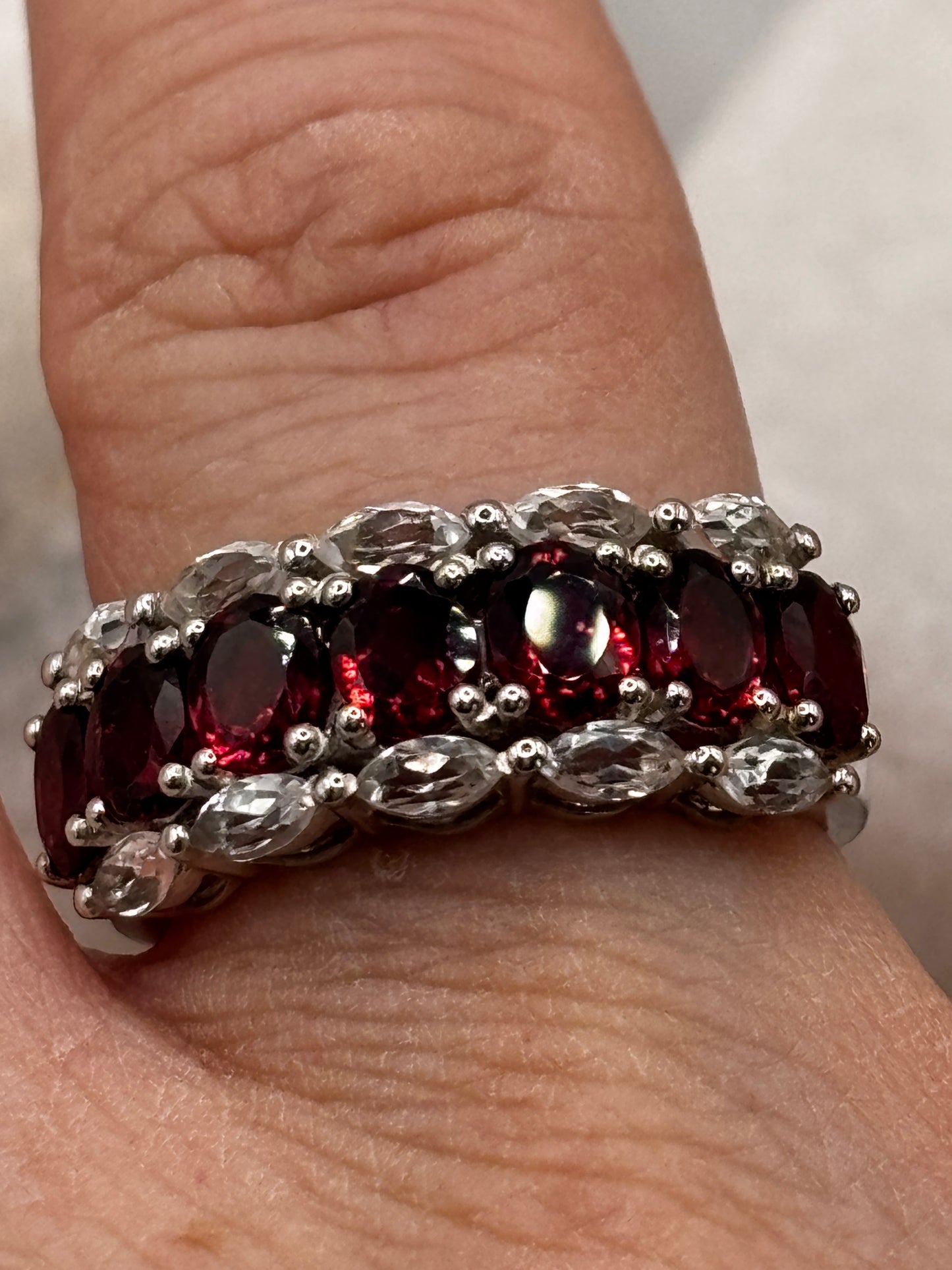 925 Sterling Silver Ruby and White Topaz Half Eternity Ring Size R
