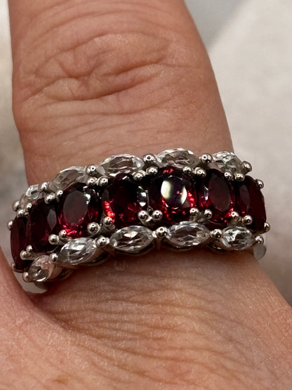 925 Sterling Silver Ruby and White Topaz Half Eternity Ring Size R
