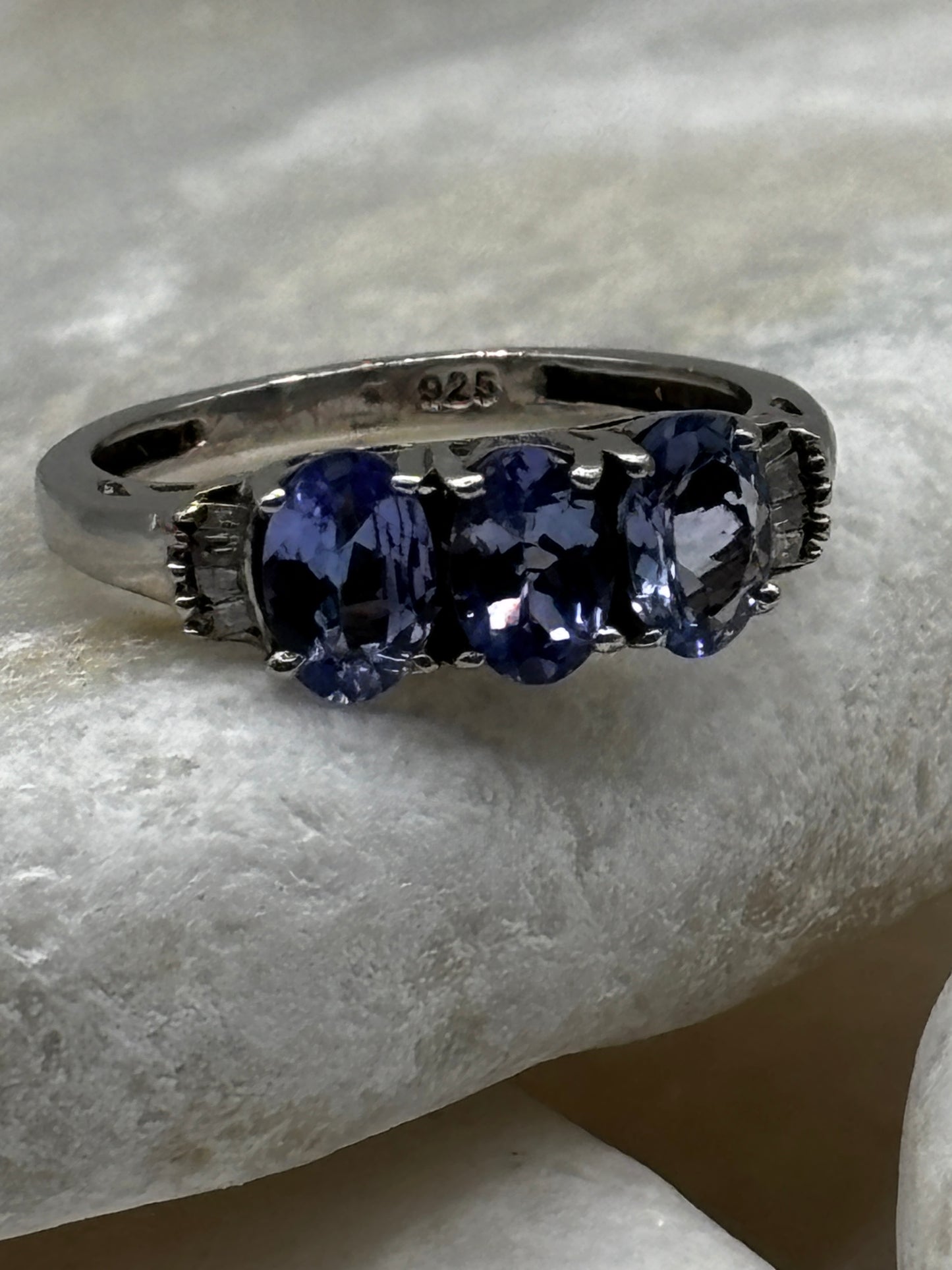 925 Sterling Silver Tanzanite Trilogy Ring with Diamond Shoulders size K