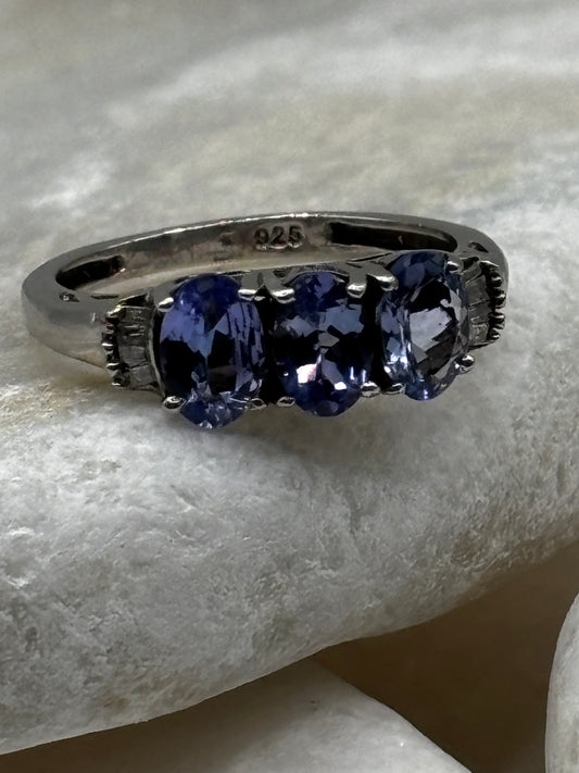 925 Sterling Silver Tanzanite Trilogy Ring with Diamond Shoulders size K