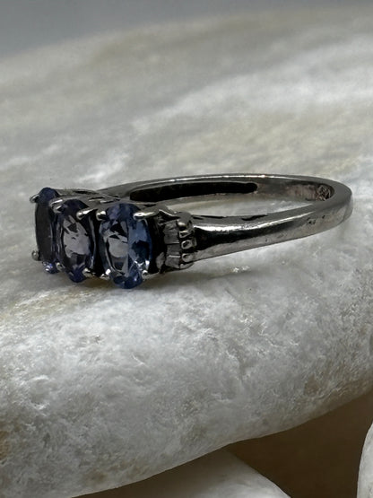 925 Sterling Silver Tanzanite Trilogy Ring with Diamond Shoulders size K