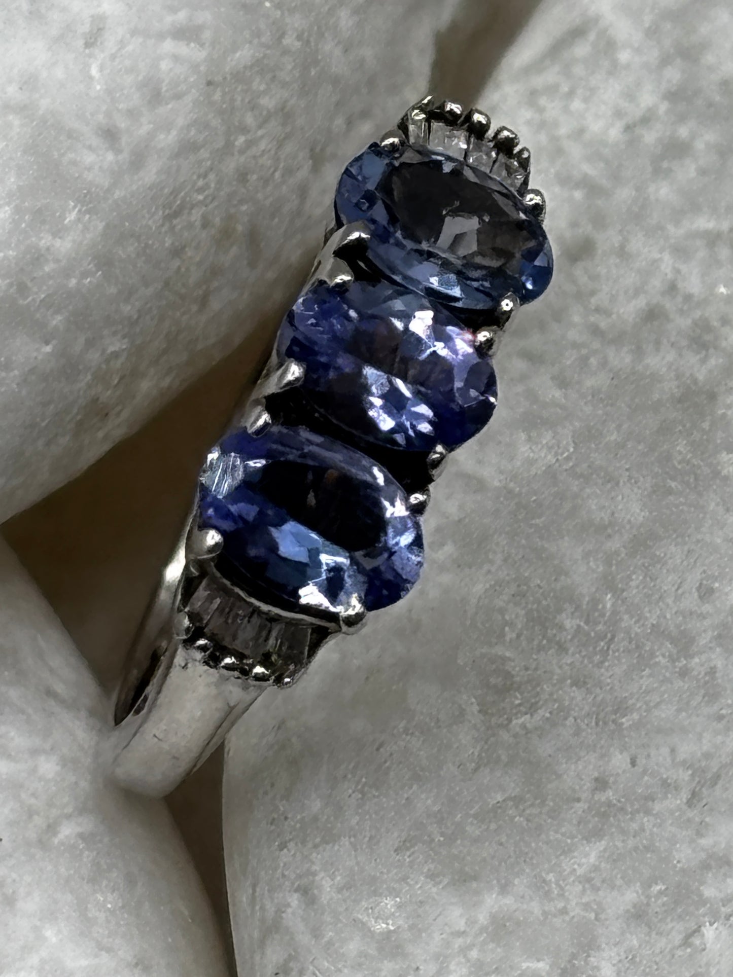 925 Sterling Silver Tanzanite Trilogy Ring with Diamond Shoulders size K