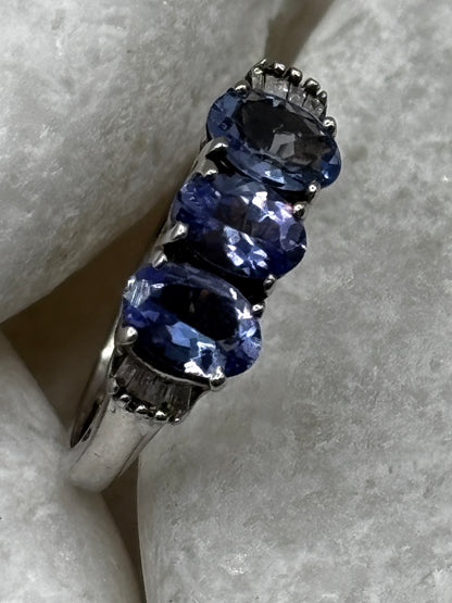 925 Sterling Silver Tanzanite Trilogy Ring with Diamond Shoulders size K