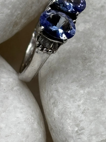 925 Sterling Silver Tanzanite Trilogy Ring with Diamond Shoulders size K