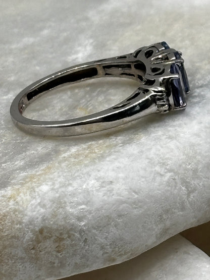 925 Sterling Silver Tanzanite Trilogy Ring with Diamond Shoulders size K