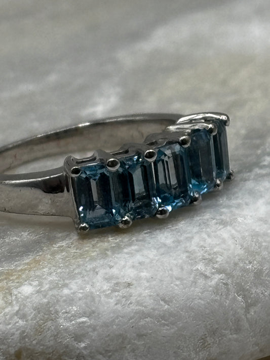 925 Sterling Silver Baguette Cut Blue Topaz Half Eternity Ring Size M