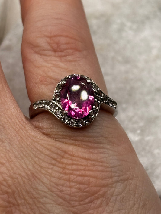 925 Sterling Silver Pink Topaz Halo Ring with White Topaz Shoulders Size M