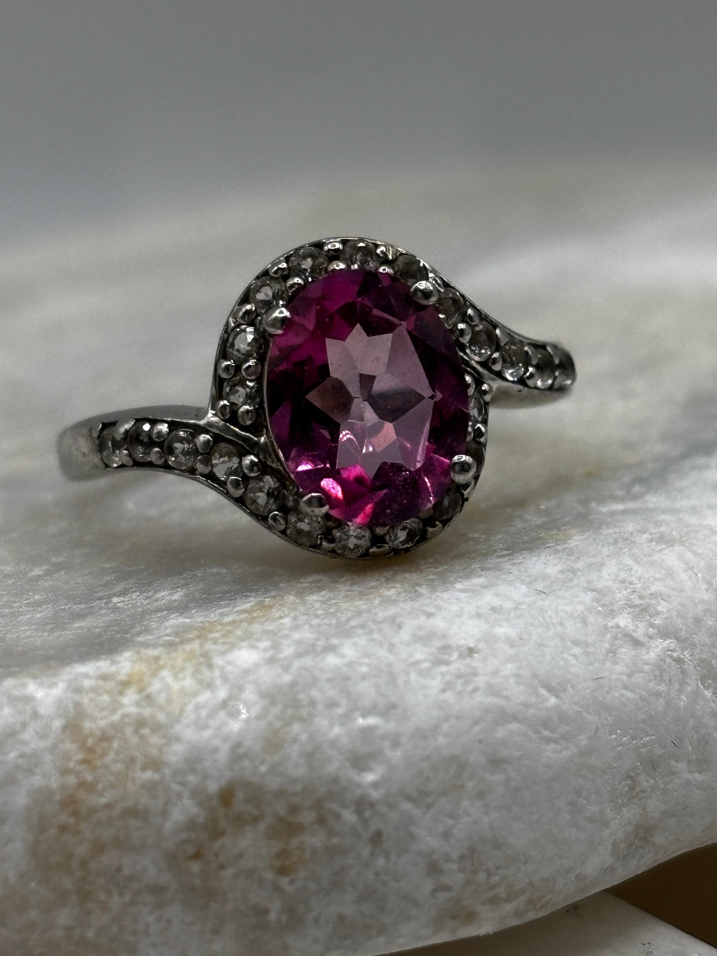 925 Sterling Silver Pink Topaz Halo Ring with White Topaz Shoulders Size M