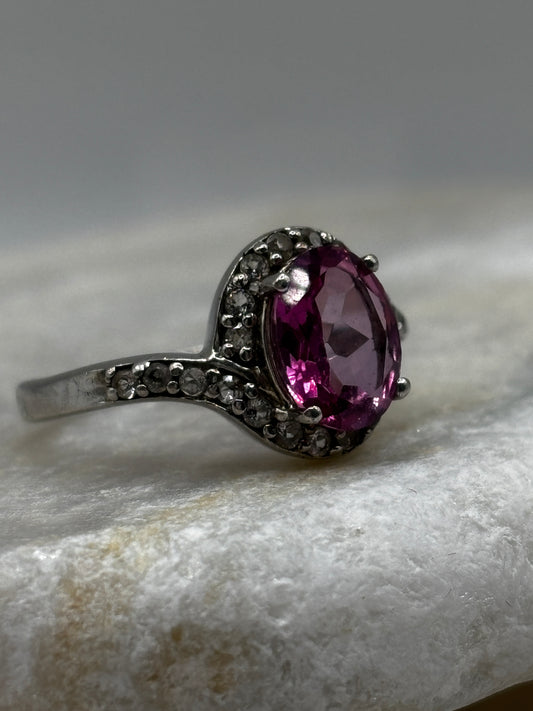 925 Sterling Silver Pink Topaz Halo Ring with White Topaz Shoulders Size M