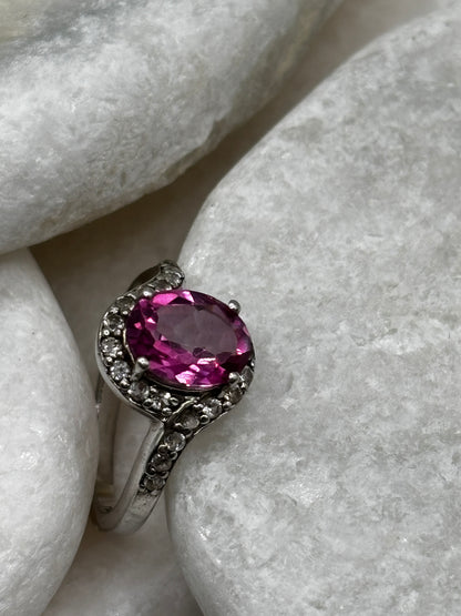 925 Sterling Silver Pink Topaz Halo Ring with White Topaz Shoulders Size M