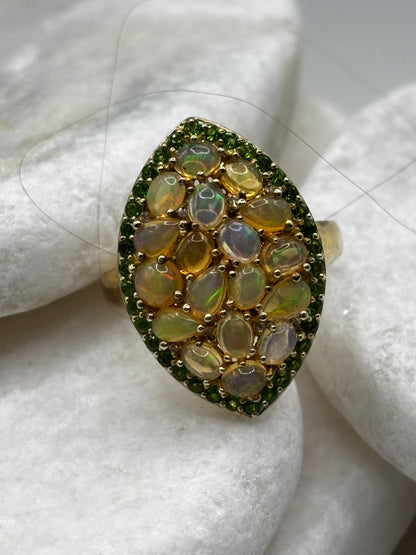 925 Sterling Silver 18k Gold Plated Ethiopian Opal and Chrome Diopside Cluster Ring Marquis Design Size R