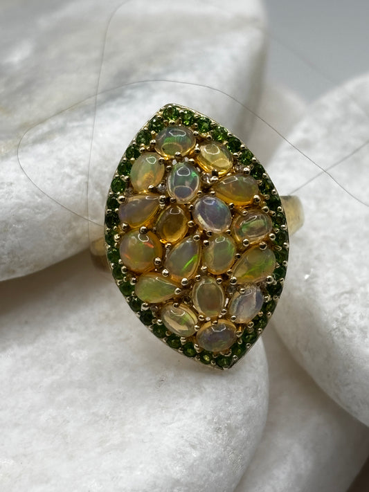 925 Sterling Silver 18k Gold Plated Ethiopian Opal and Chrome Diopside Cluster Ring Marquis Design Size R