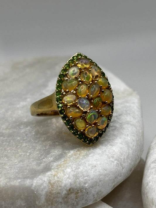 925 Sterling Silver 18k Gold Plated Ethiopian Opal and Chrome Diopside Cluster Ring Marquis Design Size R