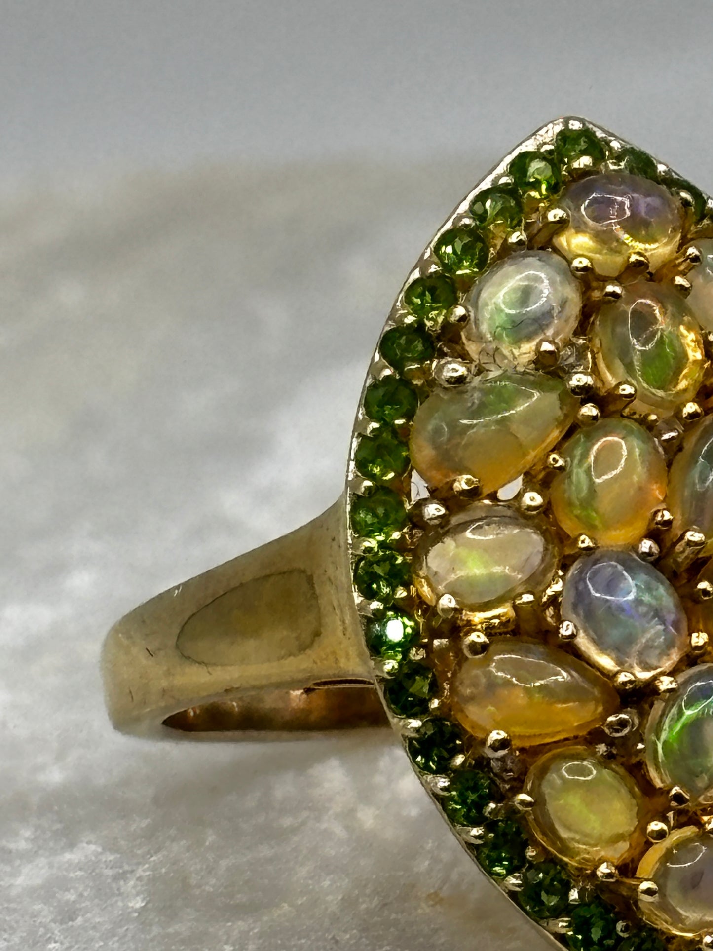 925 Sterling Silver 18k Gold Plated Ethiopian Opal and Chrome Diopside Cluster Ring Marquis Design Size R