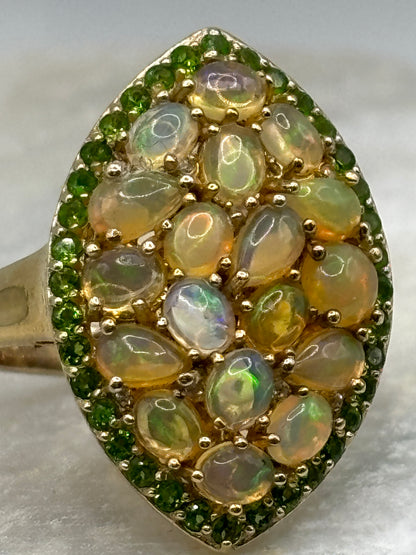 925 Sterling Silver 18k Gold Plated Ethiopian Opal and Chrome Diopside Cluster Ring Marquis Design Size R