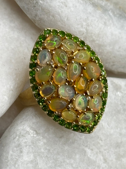 925 Sterling Silver 18k Gold Plated Ethiopian Opal and Chrome Diopside Cluster Ring Marquis Design Size R