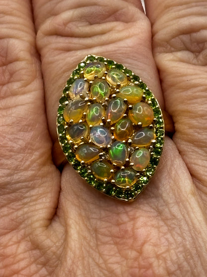 925 Sterling Silver 18k Gold Plated Ethiopian Opal and Chrome Diopside Cluster Ring Marquis Design Size R