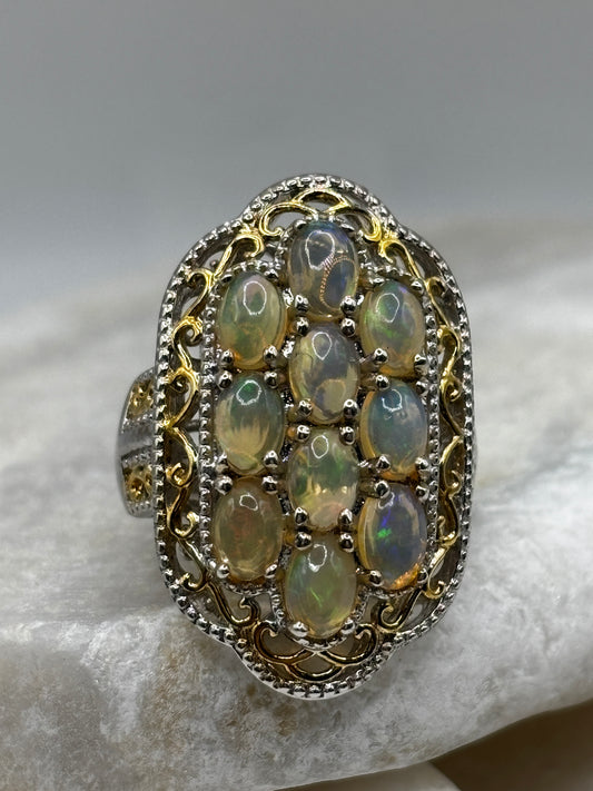 925 Sterling Silver 18k Gold Plated Ethiopian Opal Cluster Ring Size M/N