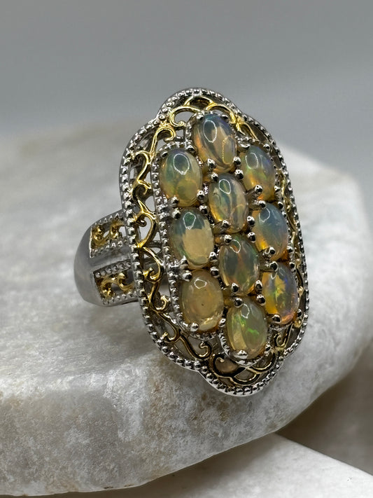 925 Sterling Silver 18k Gold Plated Ethiopian Opal Cluster Ring Size M/N