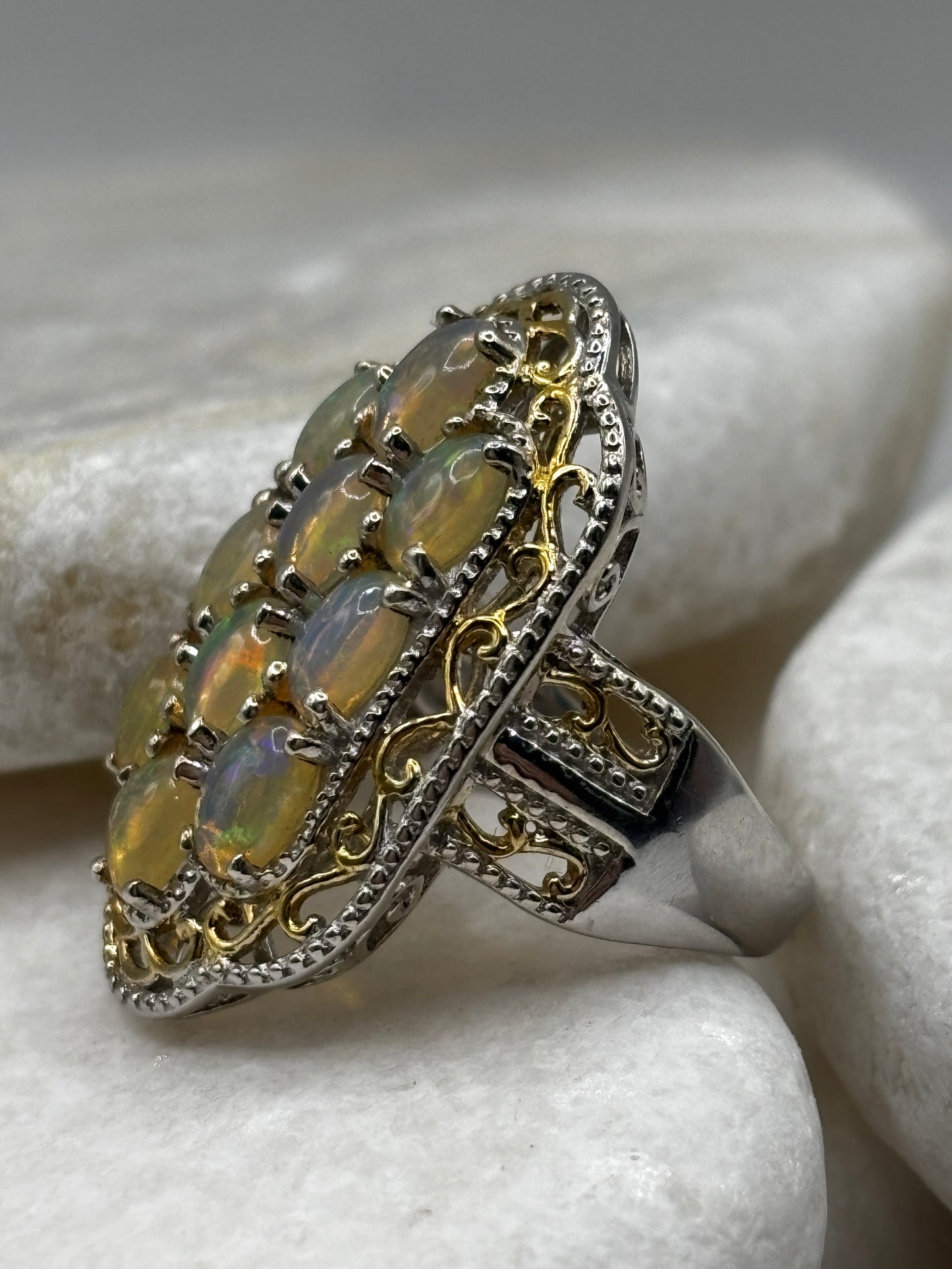 925 Sterling Silver 18k Gold Plated Ethiopian Opal Cluster Ring Size M/N