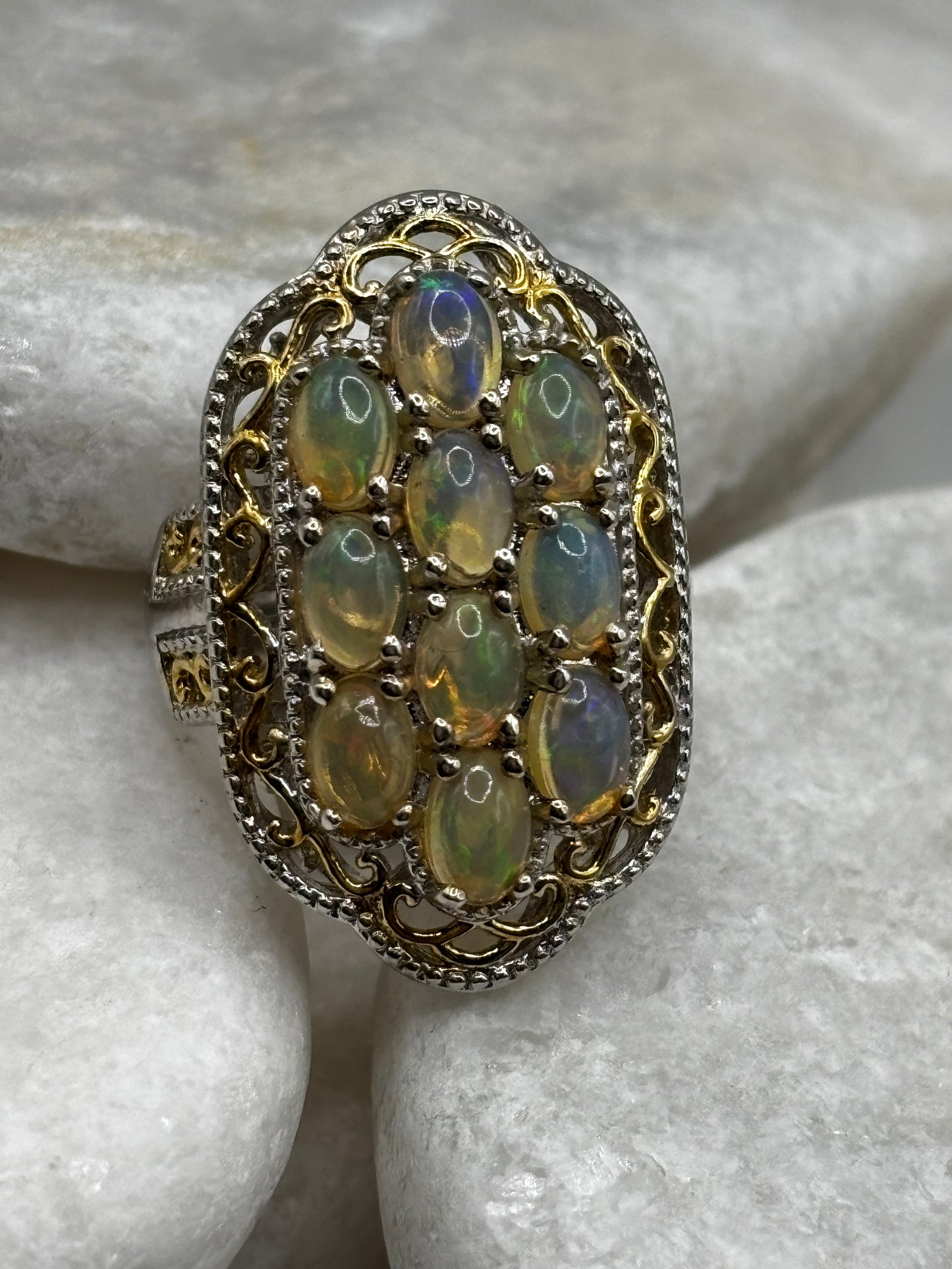 925 Sterling Silver 18k Gold Plated Ethiopian Opal Cluster Ring Size M/N