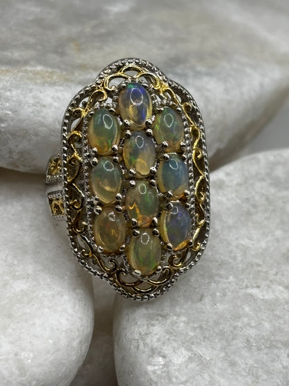 925 Sterling Silver 18k Gold Plated Ethiopian Opal Cluster Ring Size M/N