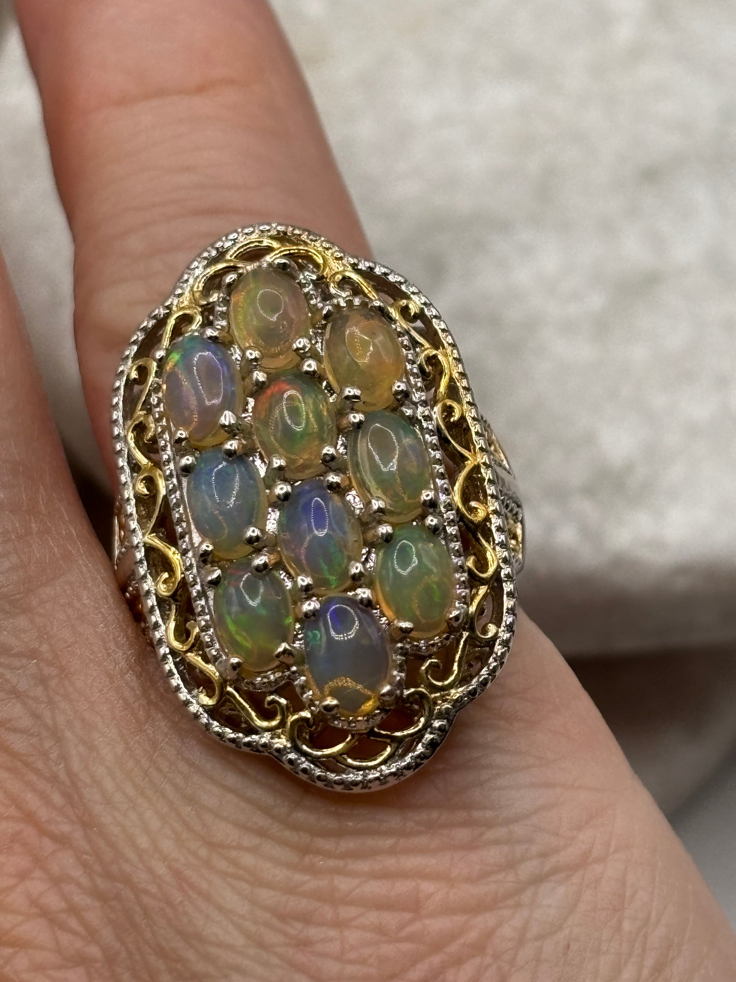 925 Sterling Silver 18k Gold Plated Ethiopian Opal Cluster Ring Size M/N