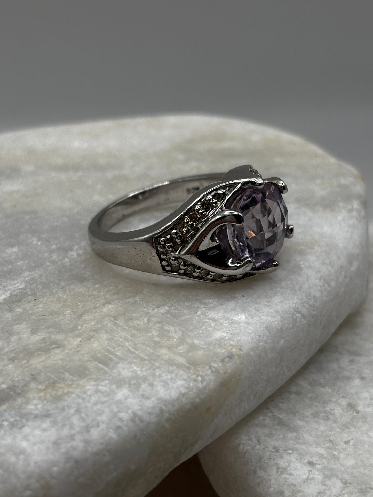 925 Sterling Silver Amethyst and Diamond Set Cocktail Ring Size O