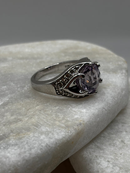 925 Sterling Silver Amethyst and Diamond Set Cocktail Ring Size O