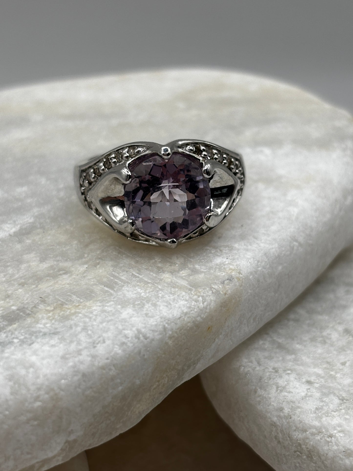 925 Sterling Silver Amethyst and Diamond Set Cocktail Ring Size O