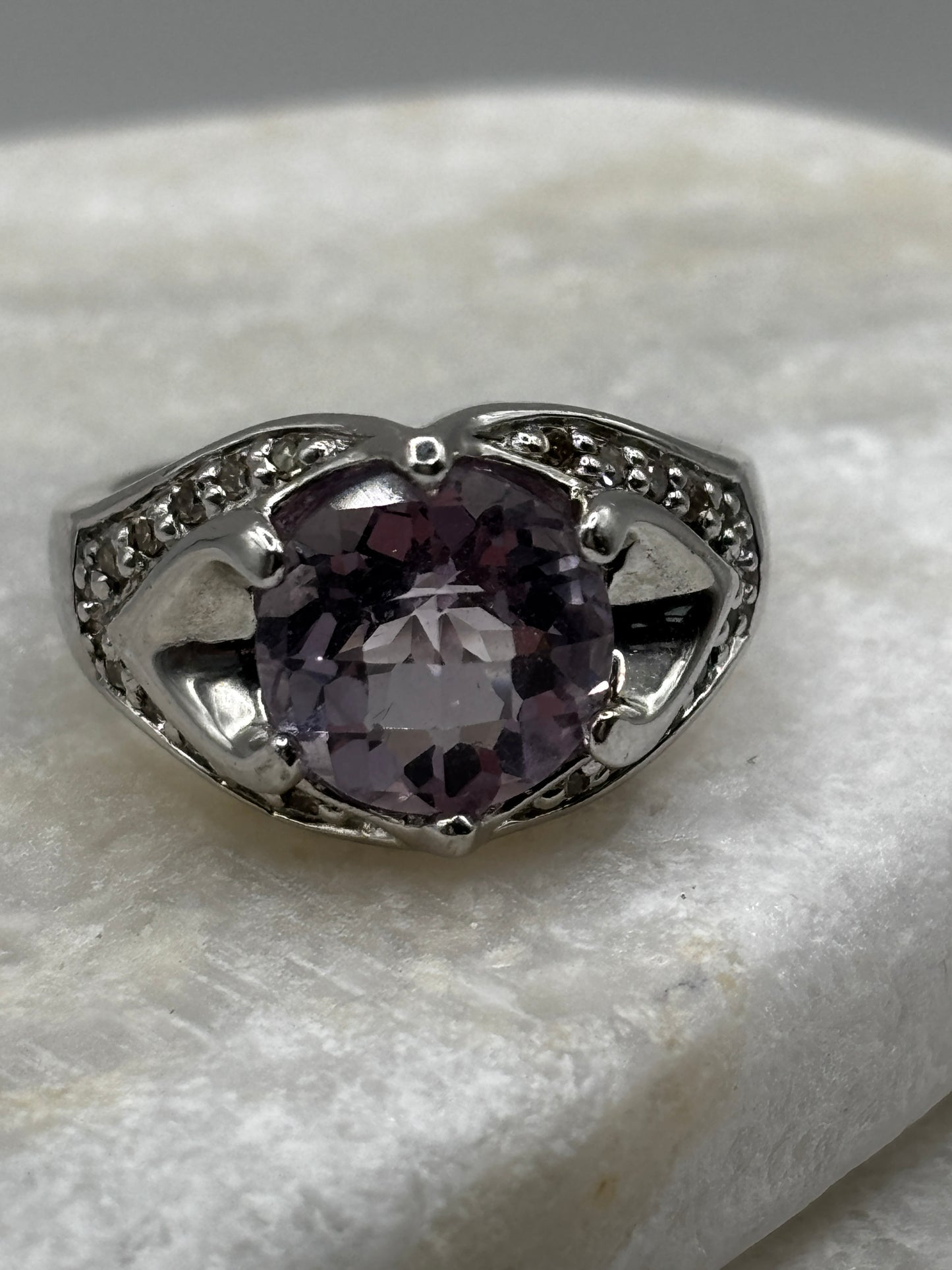 925 Sterling Silver Amethyst and Diamond Set Cocktail Ring Size O