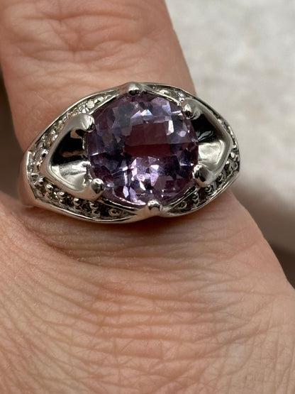 925 Sterling Silver Amethyst and Diamond Set Cocktail Ring Size O