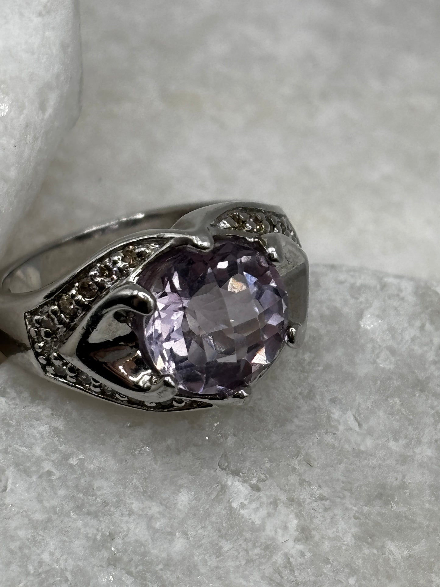 925 Sterling Silver Amethyst and Diamond Set Cocktail Ring Size O