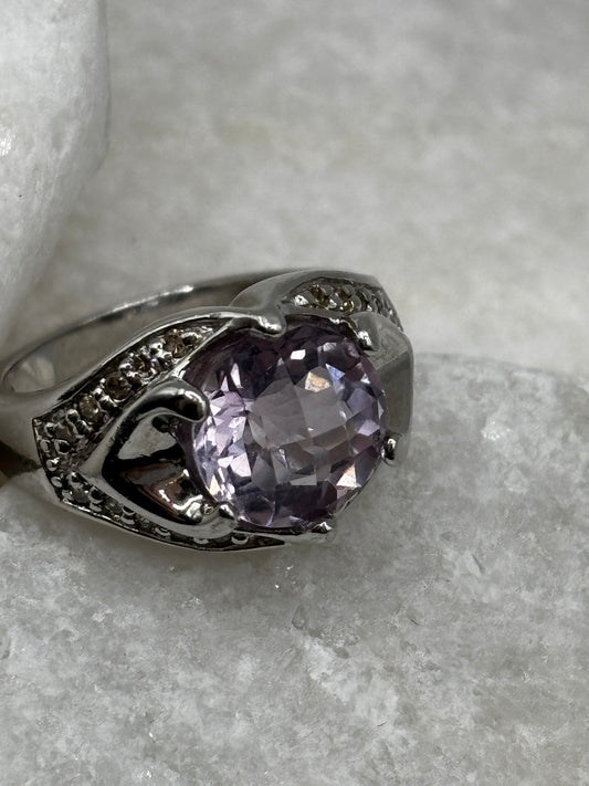 925 Sterling Silver Amethyst and Diamond Set Cocktail Ring Size O