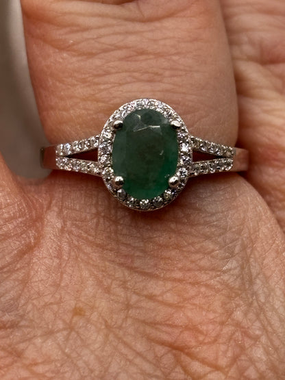 925 Sterling Silver Emerald Halo Ring with diamond set shoulders Size N / O