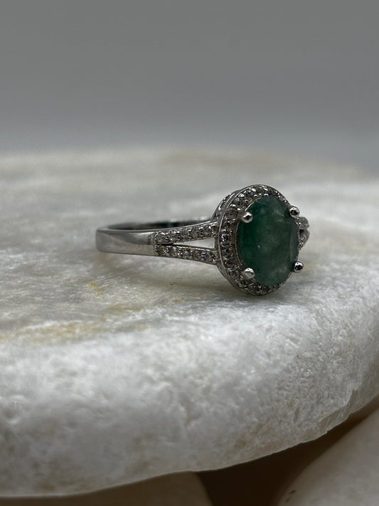 925 Sterling Silver Emerald Halo Ring with diamond set shoulders Size N / O