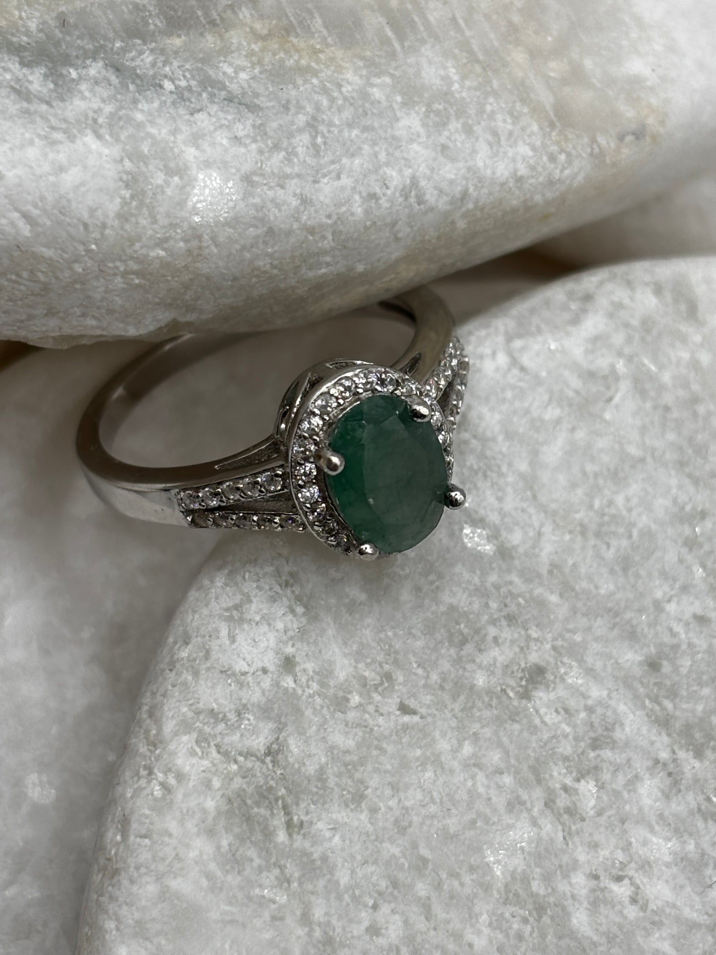 925 Sterling Silver Emerald Halo Ring with diamond set shoulders Size N / O
