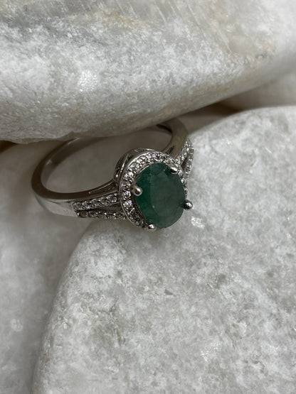 925 Sterling Silver Emerald Halo Ring with diamond set shoulders Size N / O