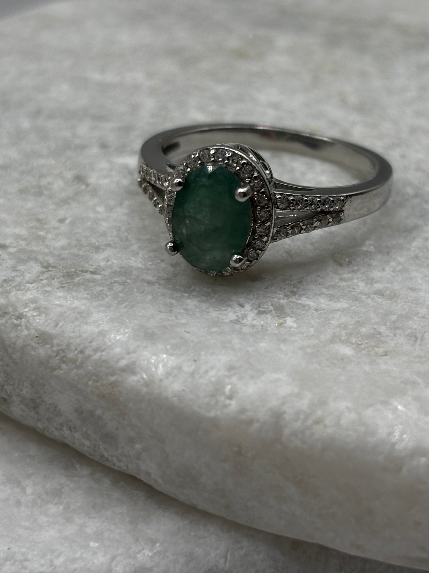 925 Sterling Silver Emerald Halo Ring with diamond set shoulders Size N / O