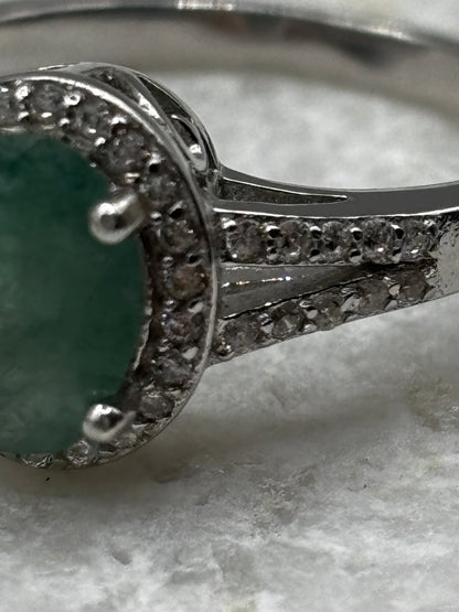 925 Sterling Silver Emerald Halo Ring with diamond set shoulders Size N / O