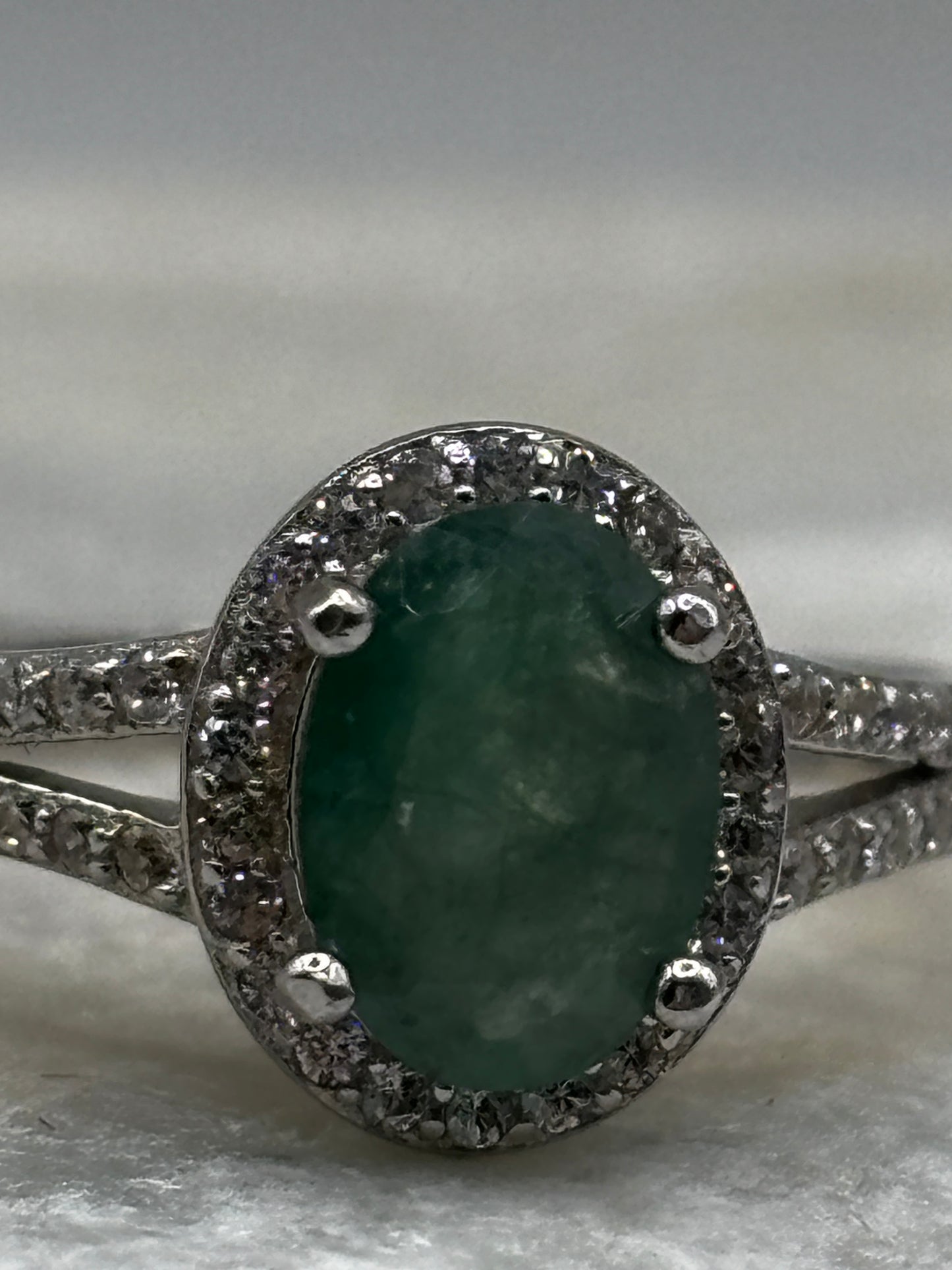 925 Sterling Silver Emerald Halo Ring with diamond set shoulders Size N / O