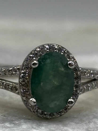 925 Sterling Silver Emerald Halo Ring with diamond set shoulders Size N / O