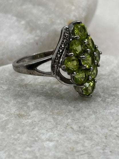 925 Sterling Silver Peridot Cluster Ring - Size M