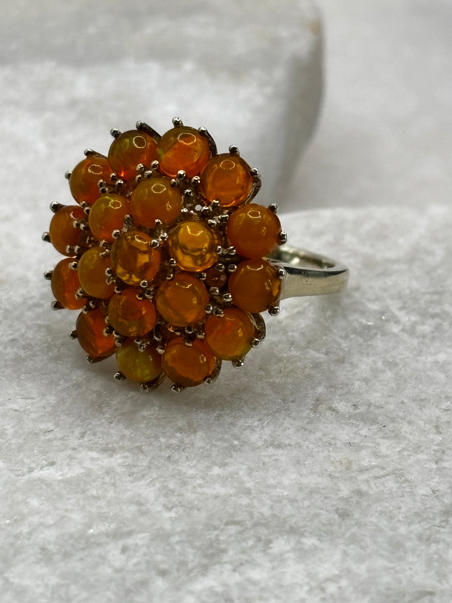 925 Sterling Silver Fire Opal Cluster Ring - Size L