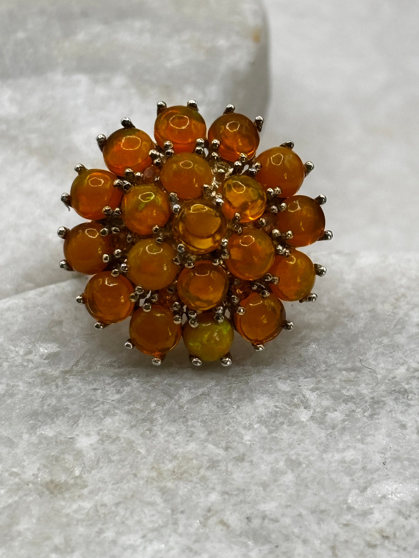 925 Sterling Silver Fire Opal Cluster Ring - Size L