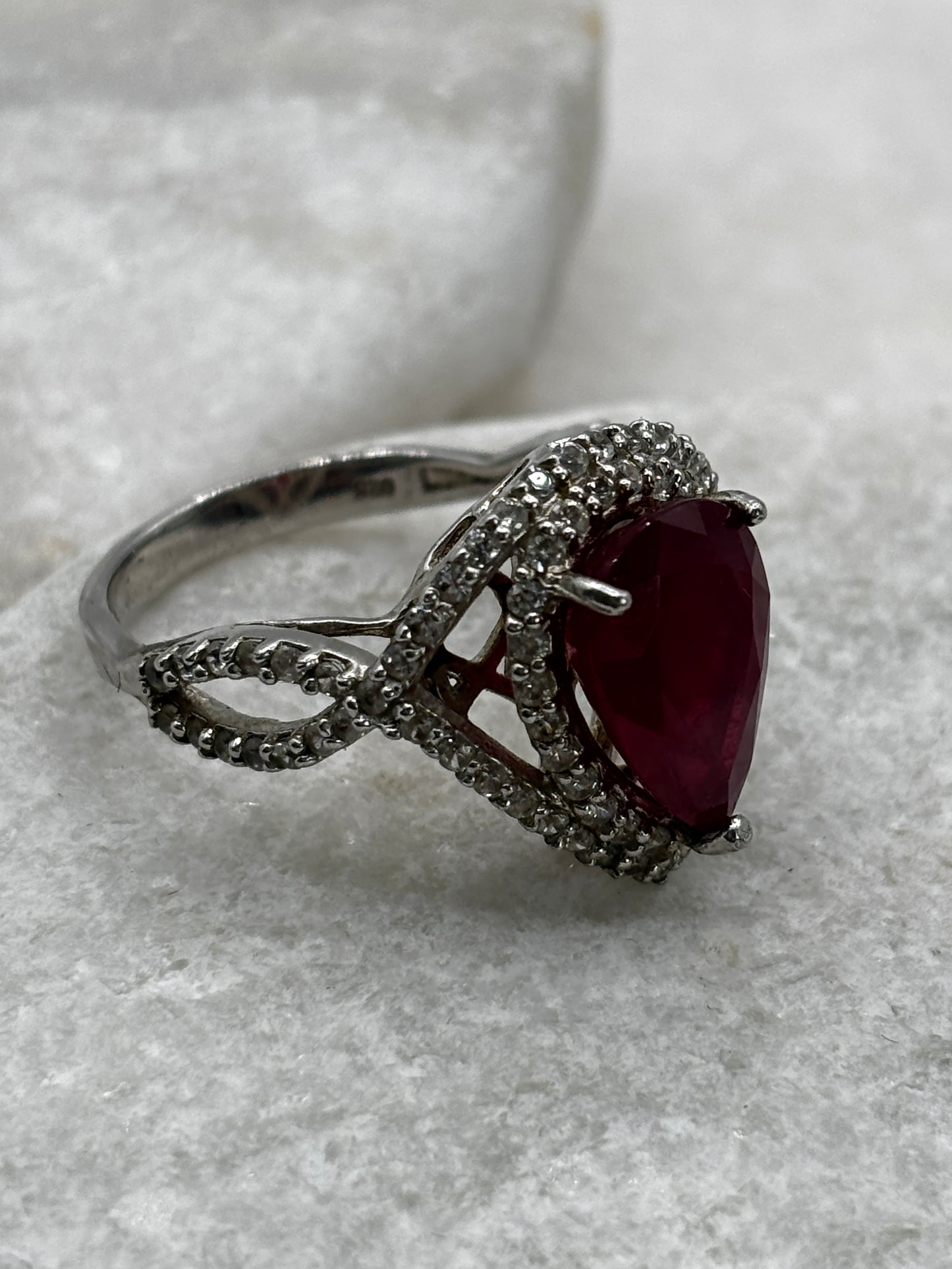 925 Sterling Silver Ruby Teadrop and White Topaz Ring - Size V/W