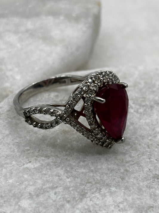 925 Sterling Silver Ruby Teadrop and White Topaz Ring - Size V/W
