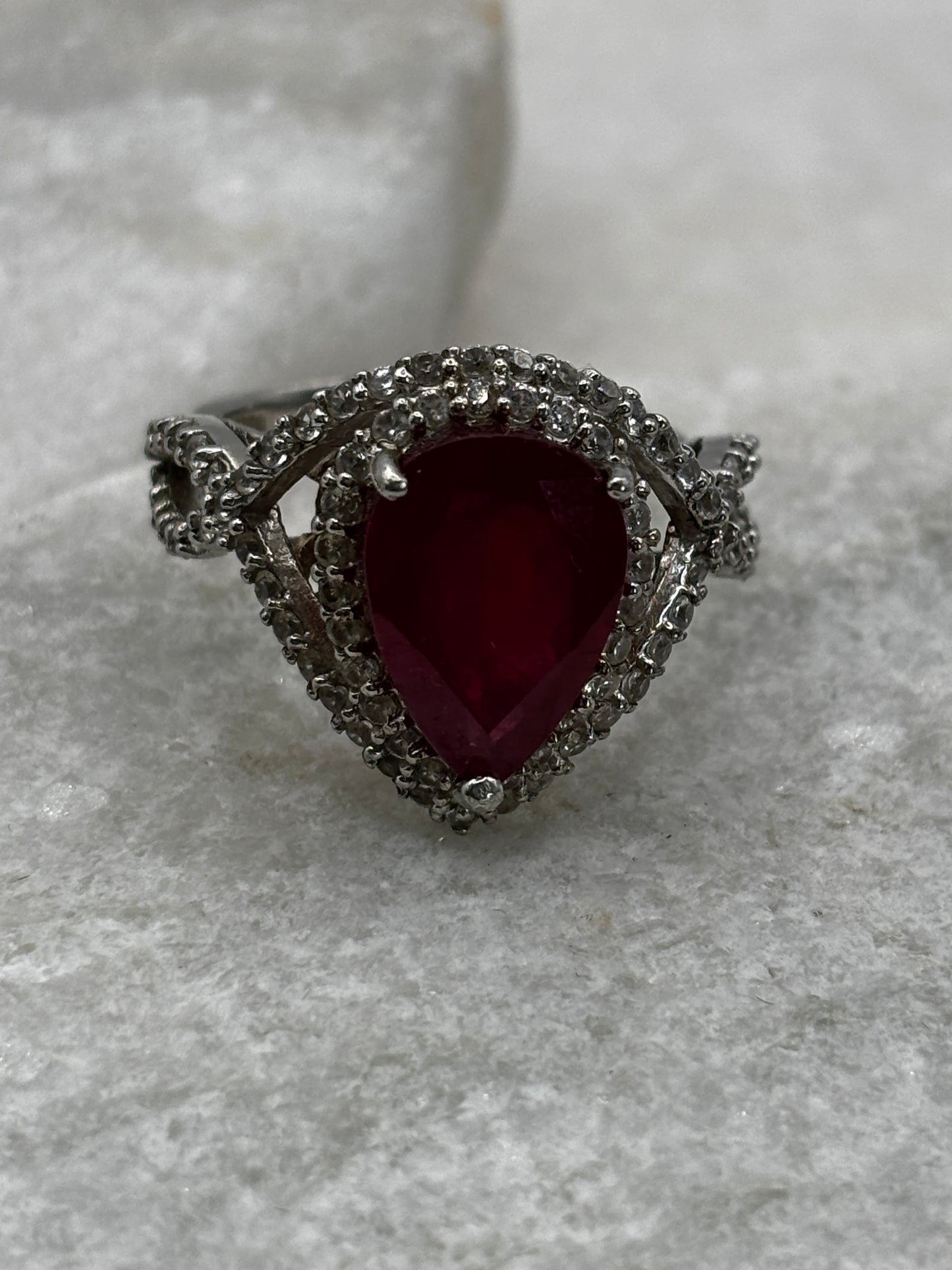 925 Sterling Silver Ruby Teadrop and White Topaz Ring - Size V/W