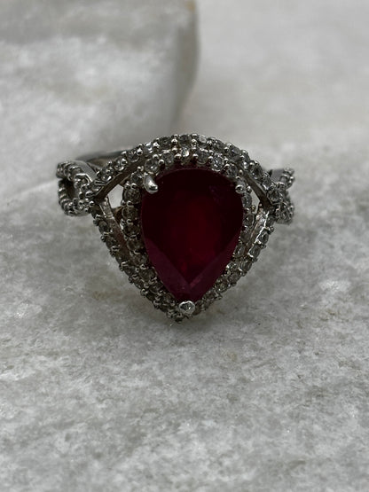 925 Sterling Silver Ruby Teadrop and White Topaz Ring - Size V/W