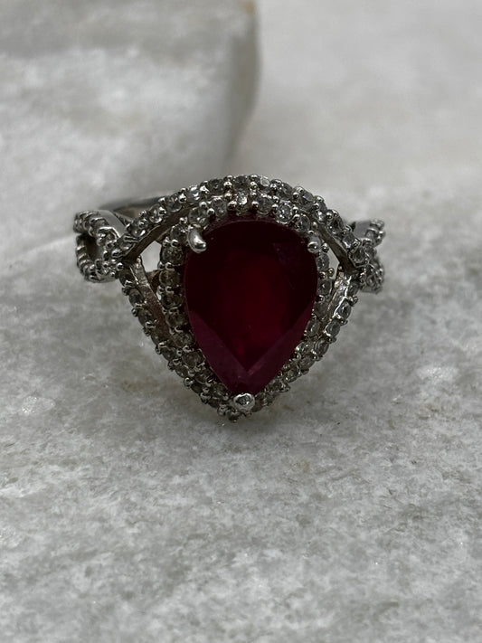 925 Sterling Silver Ruby Teadrop and White Topaz Ring - Size V/W